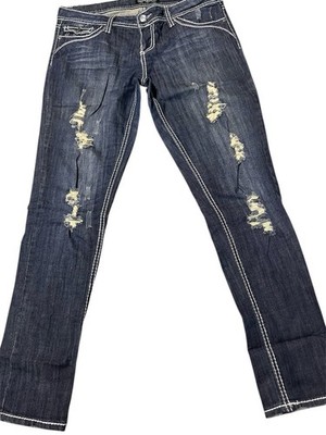 YMI Women's Jeans Blue Denim Distressed Embroidered Button Zip 5-Pocket Design