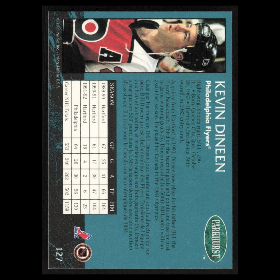 Kevin Dineen #127 1992 Parkhurst Philadelphia Flyers Hockey Card NHL NM - Image 2 of 3