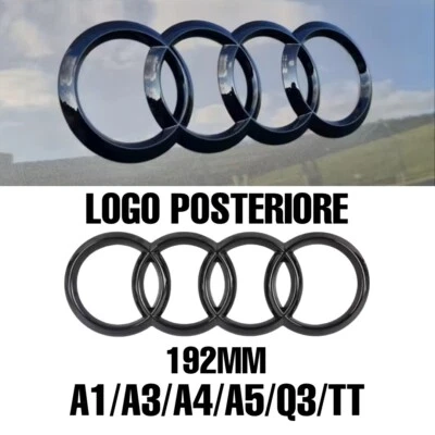 LOGO POSTERIORE AUDI nero lucido 192mm, A1 A3 A4 A5 Q3 TT, STEMMA EMBLEMA ANELLI