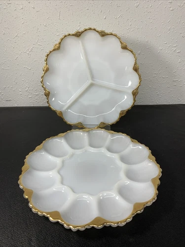 Vintage Milk Glass Gold Trim Anchor Hocking Deviled Egg and Relish Tray Set of 2