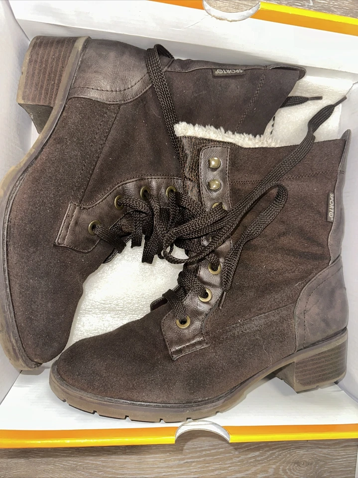 Sporto 系带踝轴棕色/白色 8M 码粗跟女式靴子 — 第 2/4 张图片