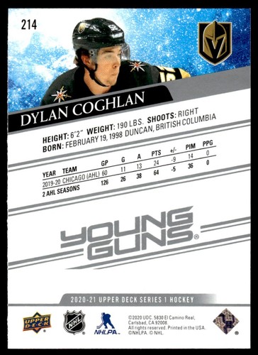 2020-21 Upper Deck Young Guns Dylan Coghlan Rookie Vegas Golden Knights #214 R79 - Picture 2 of 2