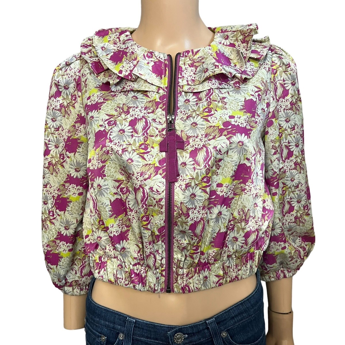 Y2K Forever 21 Twist Cropped Floral Jacket Small Ruffle Coquette