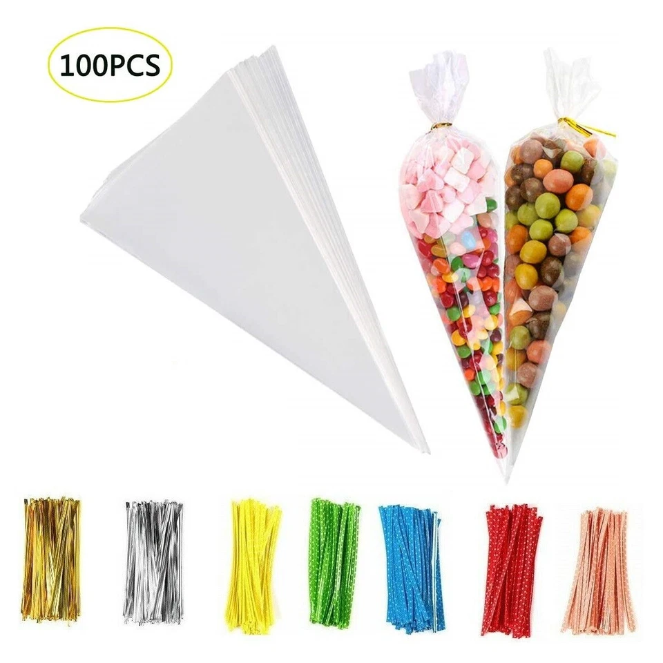 100PCS CLEAR CELLOPHANE CONE BAGS BAG Sweet Candy Kids Party Favour Cones cello