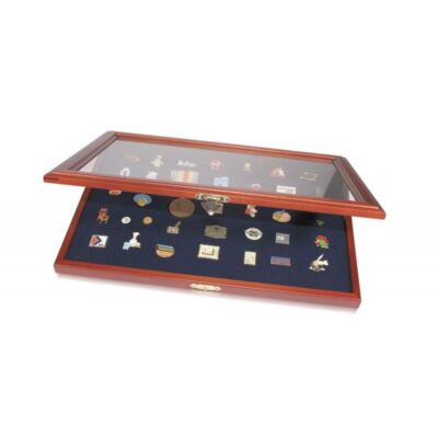 Wooden display case for presenting pins and badges.