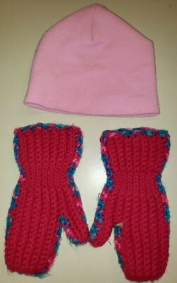 girls light pink KNIT WINTER HAT handmade WINTER MITTENS FUCHSIA COLORFUL ONE SZ