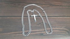Men/women silver color stainless steel beveled Cross pendant/ Cuban 26" Chain