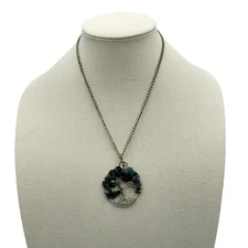 Necklace Tree of Life Silver Tone Metal Chip Gemstone Dark Green 19 Inches