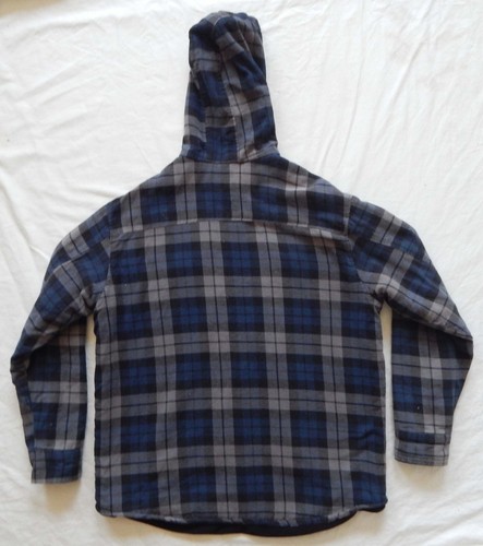 Fleece Lined Blue Plaid Snap Flannel Hooded Work Shirt Jacket - XL Mens Hoodie - Picture 3 of 8