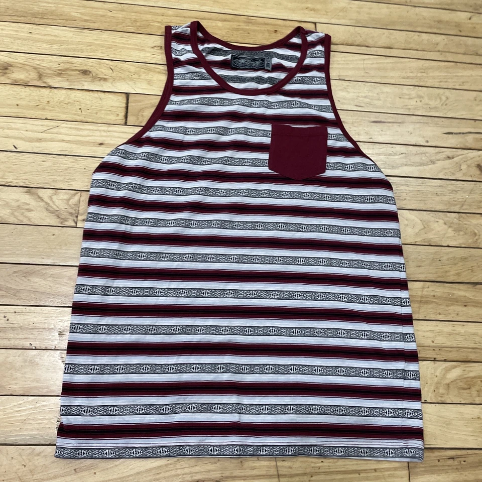 Camiseta sin mangas RETROFIT Tribal para hombre M roja a rayas Y2k bolsillo en contraste skate surf 38" Foto 3 de 4