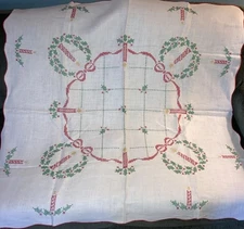Vintage Christmas Cross Stitch Square Linen Tablecloth Candles And Holly 42”x 42