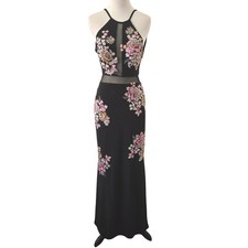 Xscape Black Floral Embroidered Halter Open Back Mesh Plunge Maxi Evening Gown 2