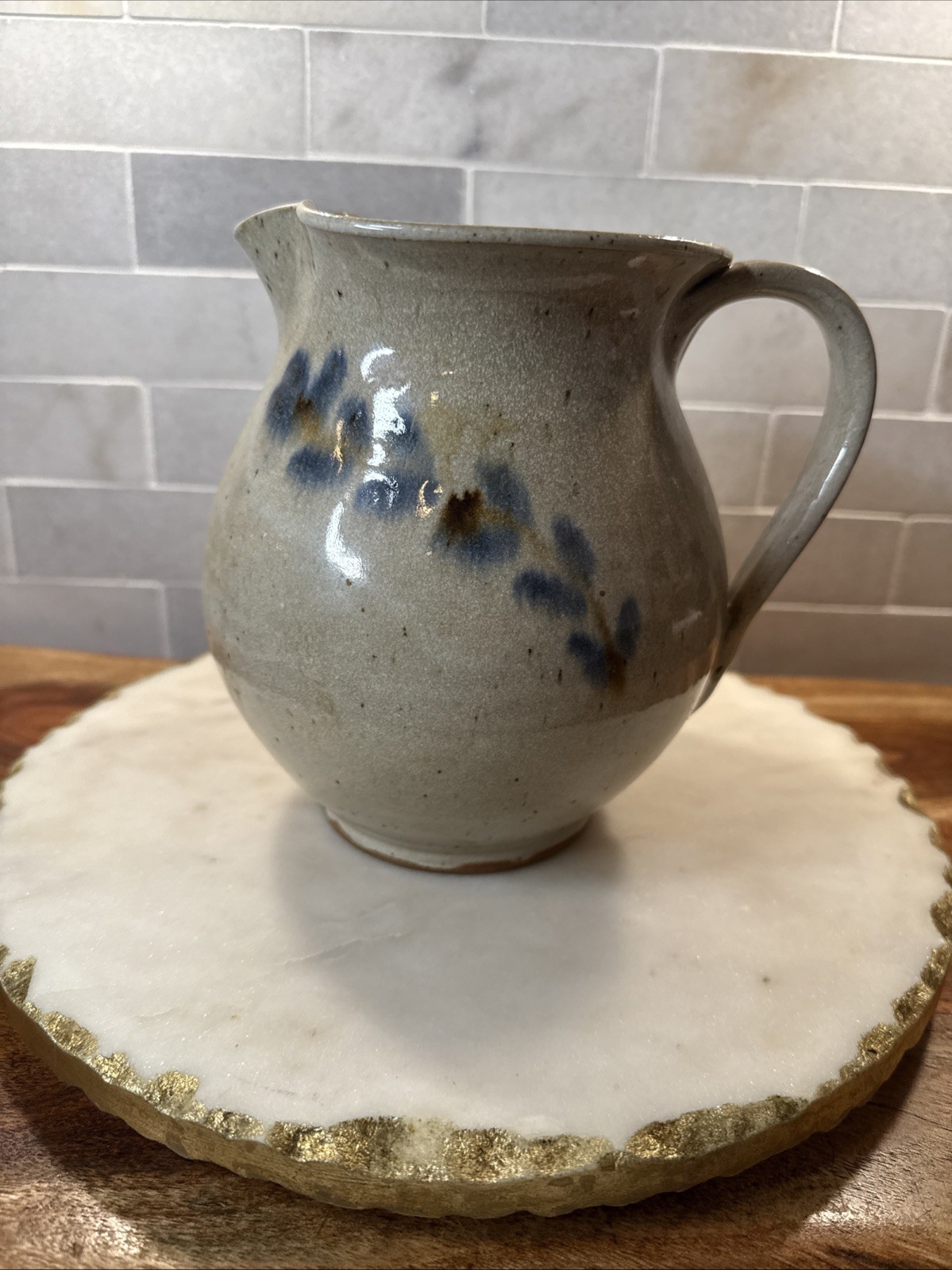 Jugtown Ware Pottery Pitcher or Blue Flower Decoration Stamped 6.5” *little chip