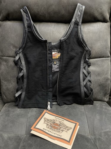 90s Harley-Davidson Women's Small Leather Vest Malibu Tank Black MotorClothes 