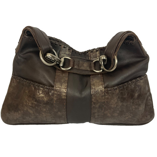 Carla Mancini Brown Pebbled & Metallic Crock Embossed Hobo Leather Shoulder Bag