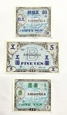 Lot Of 3- WWII Military Currency B Notes, 1 Yen, 10 Yen & 50 Yen Sen, Series 100