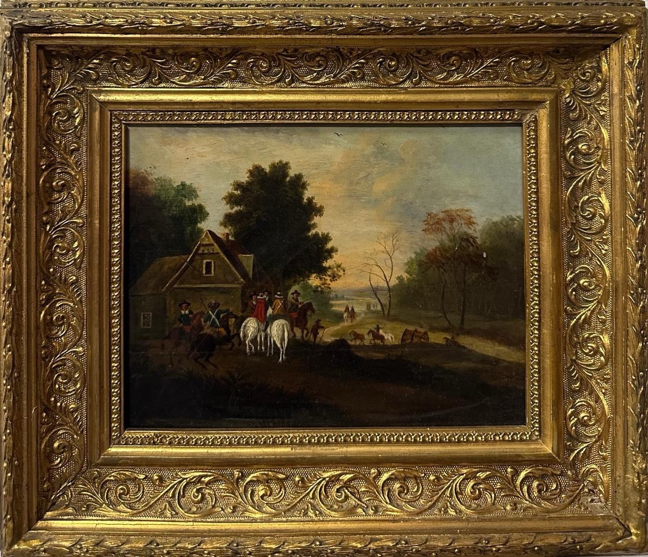 19th Century European School The Meeting Before the Hunt Oil on Panel
