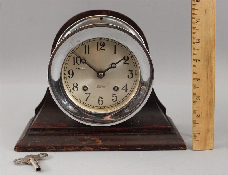Authentic Working Chelsea Ships Bell Maritime Chrome Clock, Mahogany Stand + Key