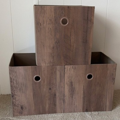 3 Mainstays Collapsible Storage Bin Rustic Weather Oak Wood Grain 10.5'' Square