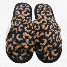 ComfyLuxe Black Leopard Print Cozy Fuzzy Slippers M/L 8 10 Plush Crossband NWT
