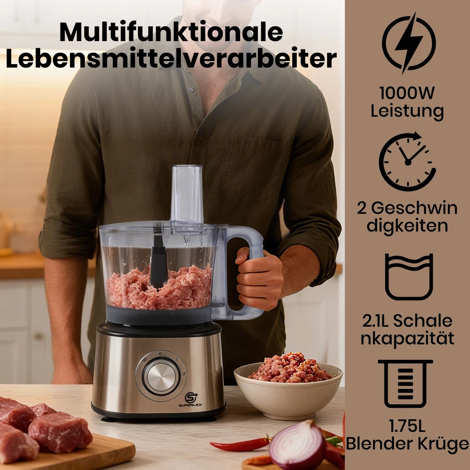 1000W Küchenmaschine Food Processor Rührmaschine Kompakt Upgrade Schneidescheibe - Bild 4 von 4