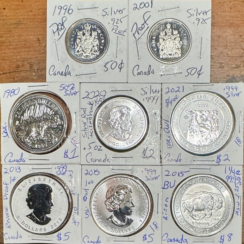 Lot of Canadian Silver Dollars & Half Dollar Including Reverse Proof $1 $2 $5 $8