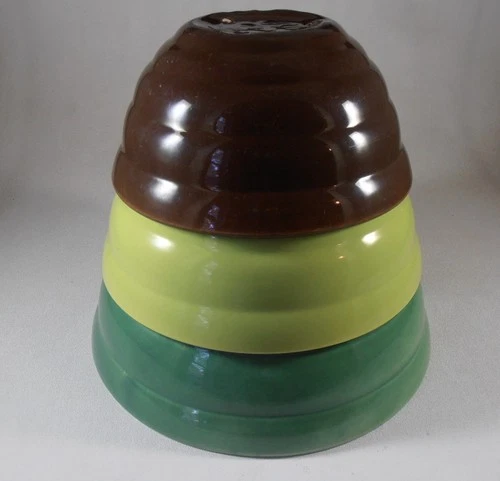 Vintage Lot of 3 Bauer Pottery Beehive Mixing Nesting Bowls Green Brown 24 18 12