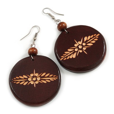 Braune runde Scheiben-Ohrhänger aus Holz mit Blumenmotiv - 70 mm lang