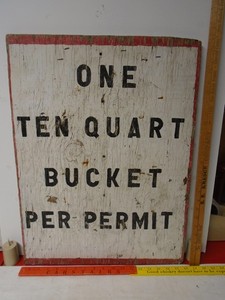 1950's Clam Clamming Permit Wood Painted Sign, 10 Quart Bucket, Use Wear, Unique
