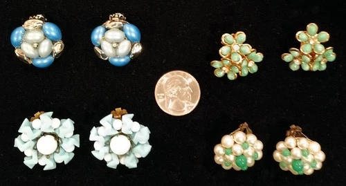 Vintage 4 Pairs Costume Jewelry Faux Pearls & Colorful Beads Clip-On Earrings