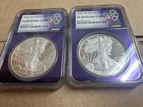 2001 and 2007 W Proof $1 American Silver Eagle NGC PF69 Ultra Cameo