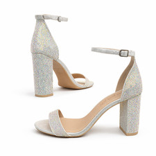 NEW LOOK Block High Heel Sandals Silver Diamante Embellished Shoes UK8 US10 EU41