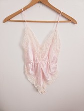 Vintage Teddy Lingerie Silky Satin Lace Pink Ms Leslee V-Neck Bodysuit L Large