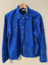 Chicos Jacket Womens 2 US Large Blue Silk Paisley Embroidered Button Up Artsy