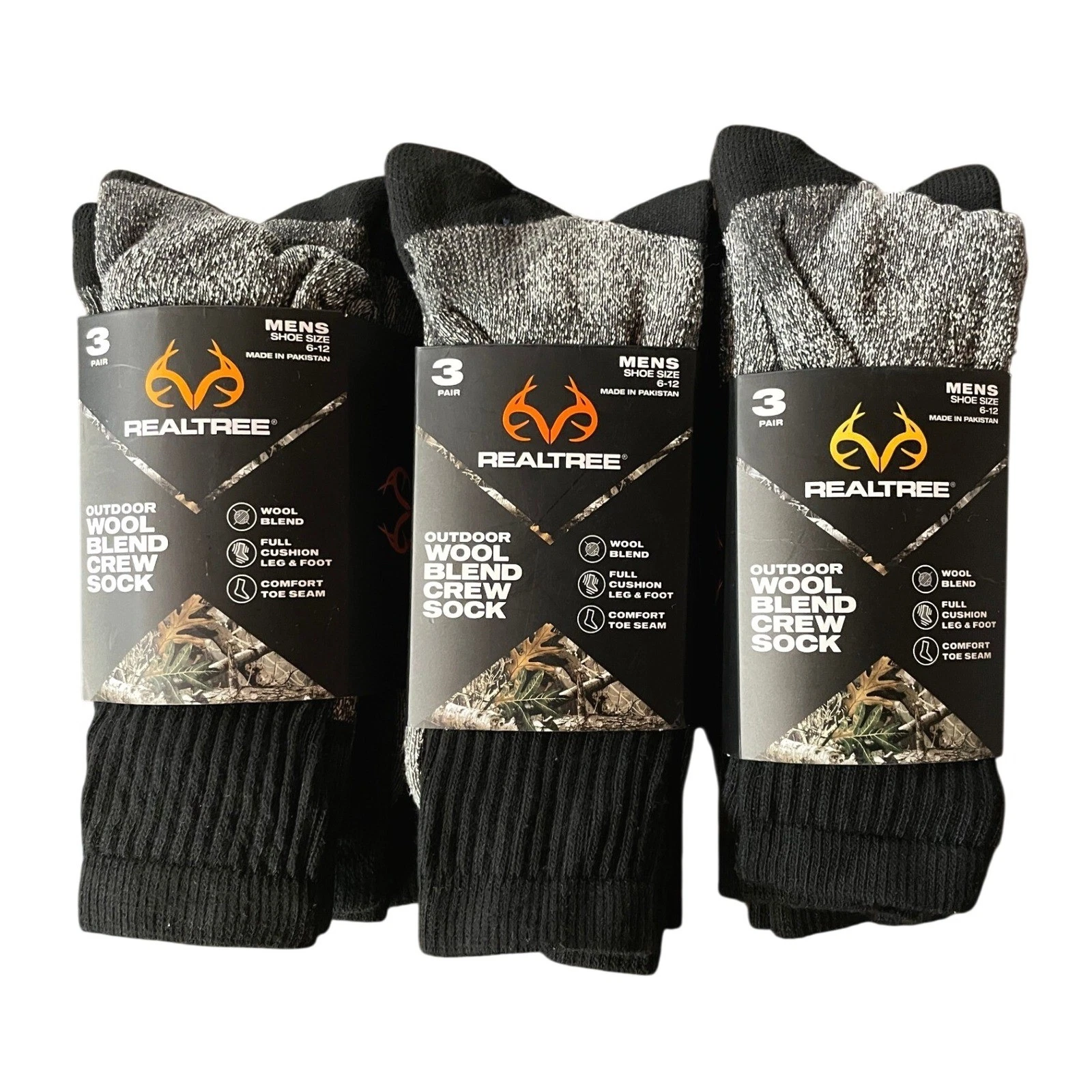 Realtree Crew Socks Outdoor Wool Blend Mens 6-12 Black Hunting Hiking Lot of 3