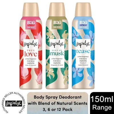 Impulse Body Spray Deodorant with Blend of Natural Scents 150ml, 3, 6 or 12 Pack