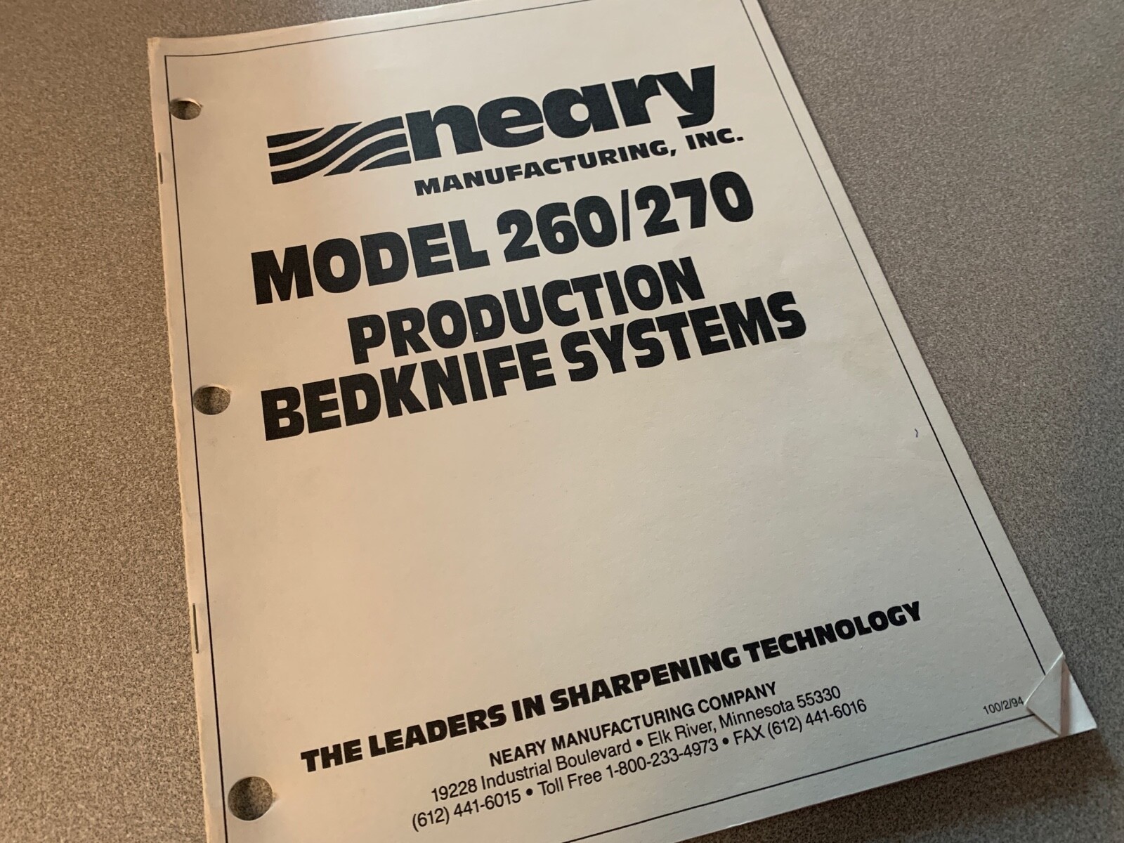 Neary Production Bed Knife Grinder Model 260 270 Operators Parts Manual