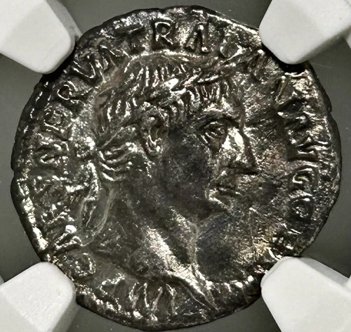 Trajan AR Denarius AD 98-117 Pax NGC Ch XF 