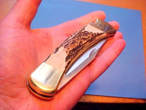 RARE UNUSED CUSTOM BUCK 110 KNIFE MONTANA ELK STAG HANDLE SHEATH CLAM SHELL READ - Picture 2 of 19