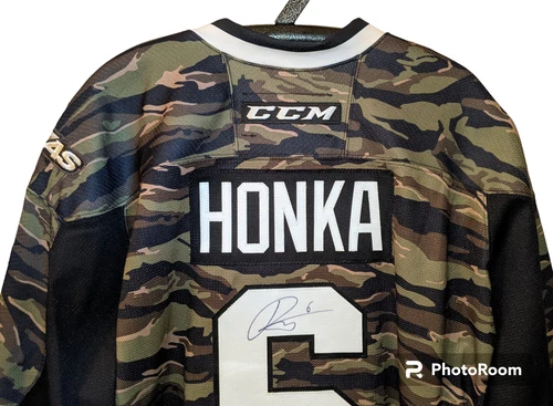 Rare TEXAS STARS Game Worn Signed Jersey JULIUS HONKA Dallas NHL AHL Sz. 56 Camo