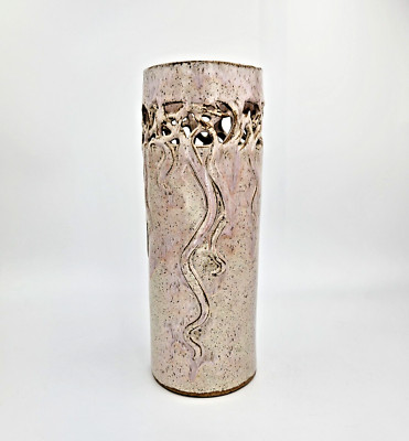 Van den Brink Studio Pottery Vase Cylinder Pierced Band  Pink Ribbon 12 Inch