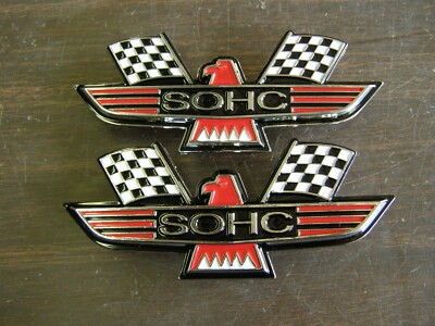 Ford SOHC Crossed Flag Fender Emblems Red Mustang Fairlane Galaxie