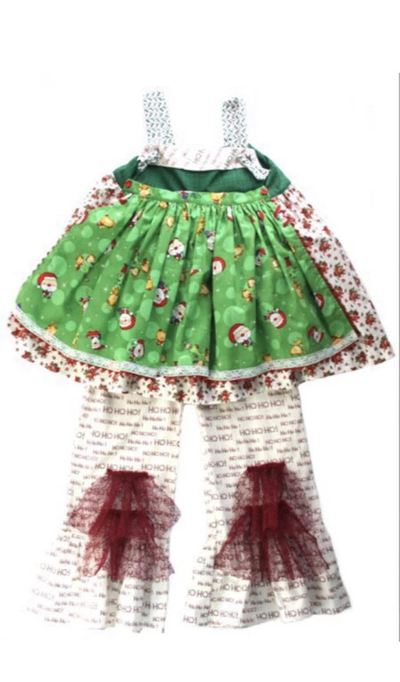 girls green Christmas dress size 6 twirl Knot Dress girl Ruffle Pants Outfit Set - Image 2 of 4