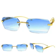 Men's Classy Elegant Sophisticated SUNGLASSES Rimless Gold Frame Light Blue Lens
