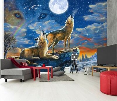 3D Full Moon Wolves O25 Wallpaper Wall Mural Self-adhesive Andrian Chesterman Su