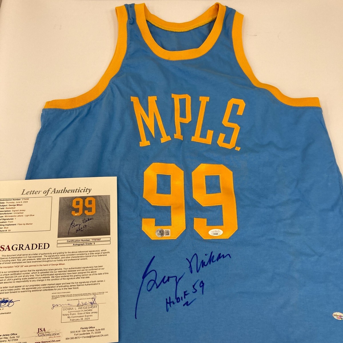 George Mikan HOF 1959 Signed Minneapolis Lakers Jersey JSA GRADED