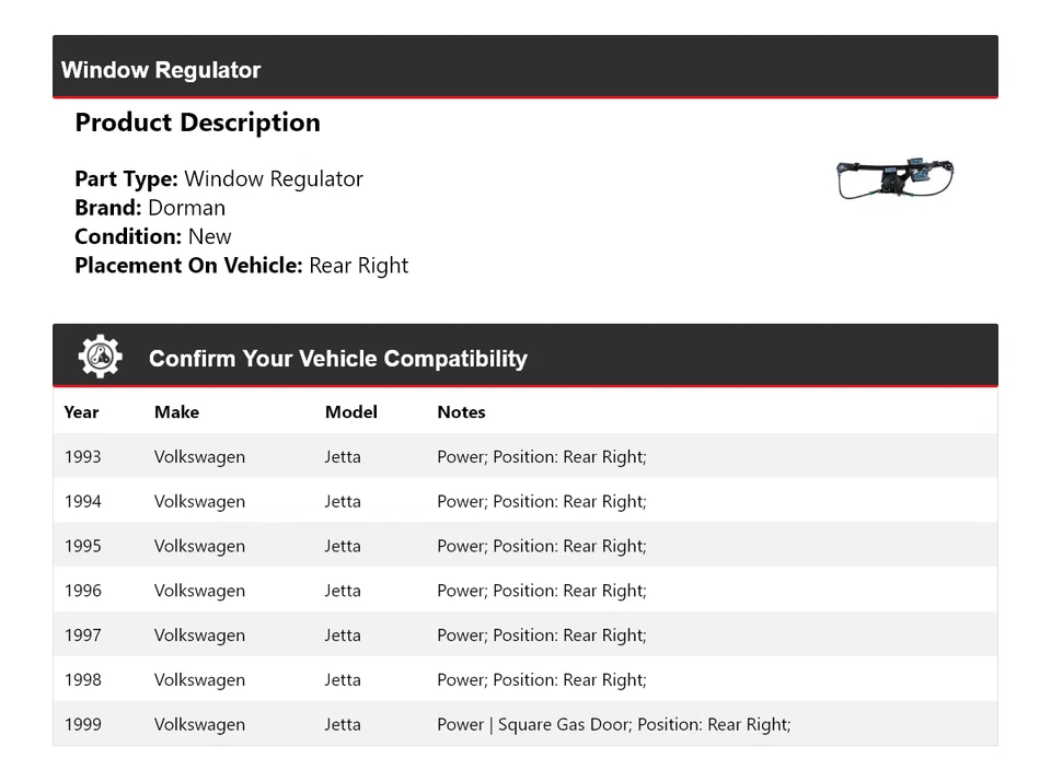 Регулятор заднего стекла правый для Volkswagen Jetta Dorman 1993-1999 годов выпуска 1994 1995 1996 годов выпуска - Изображение 2 из 4