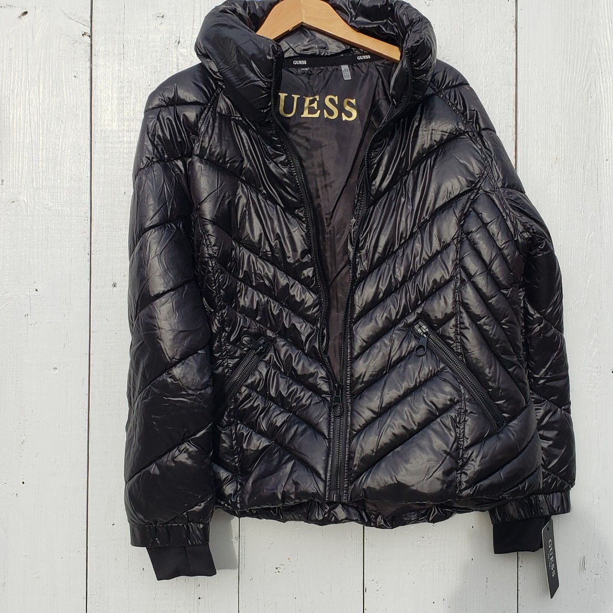 GUESS Shiny Womens Size XL BLACK Quilted Full Zip Pockets Puffer