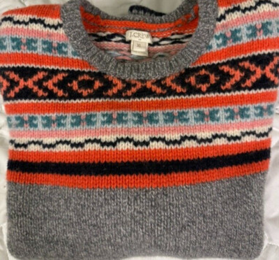 J.Crew Nordic Sweater Lambswool Fair Isle Apres Ski Childrens XL Grey Orange