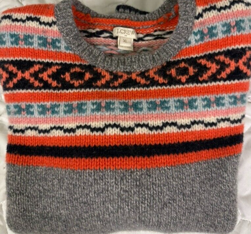 J.Crew Nordic Sweater Lambswool Fair Isle Apres Ski Childrens XL Grey Orange